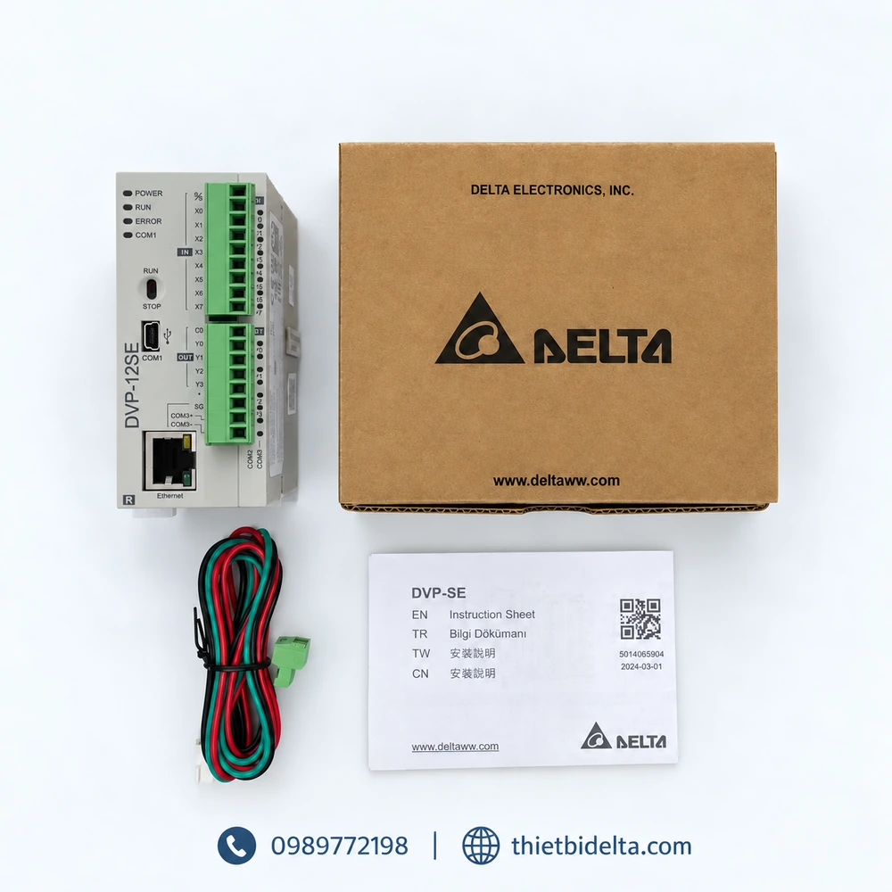 PLC Delta DVP12SE11R gồm PLC, hộp Delta, dây kết nối và tài liệu hướng dẫn