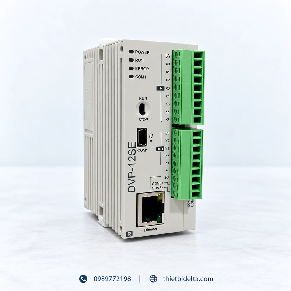 G&oacute;c nghi&ecirc;ng PLC Delta DVP12SE11R t&iacute;ch hợp Ethernet v&agrave; RS485